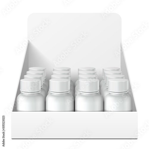 Mockup Display Holder Box Cardboard Filled Blank With Bottles, Cans, Jars. Vitamins, nutritional supplements, Cosmetic. Mock Up, Template. Products On White Background Isolated. Mockup Packing.