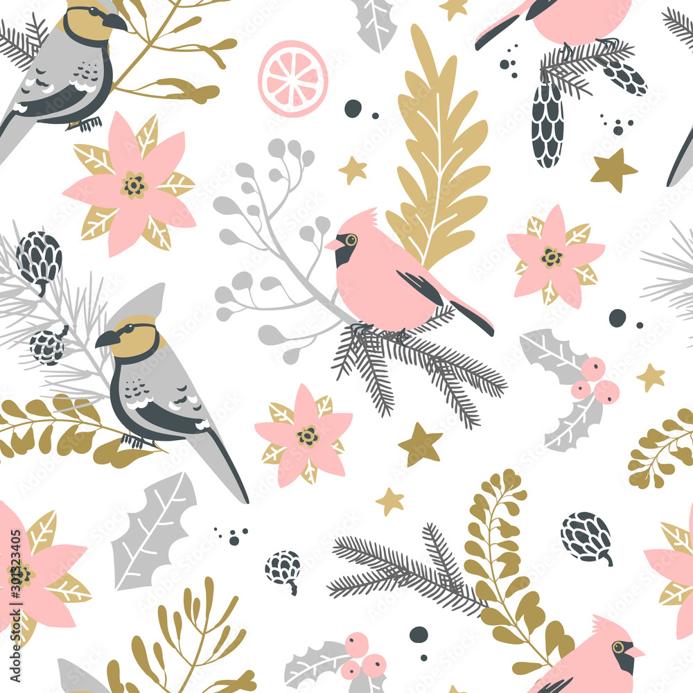 Fototapeta premium Seamless pattern with Christmas decorative elements - plants, branches, birds. Traditional symbols