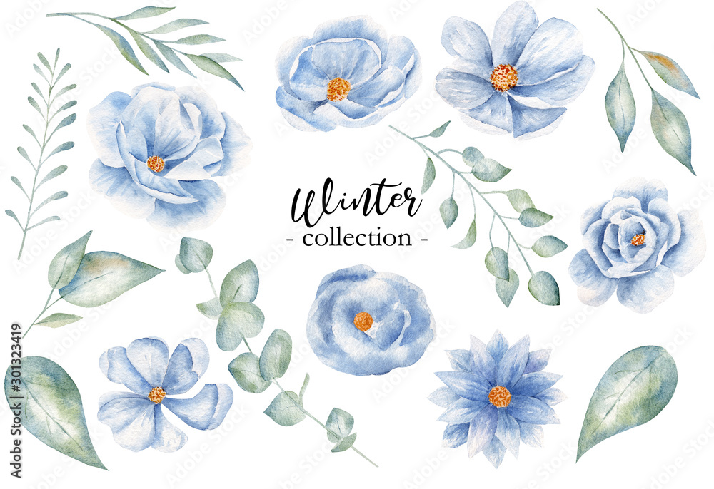 Winter leaves and blossoms watercolor raster illustration collection