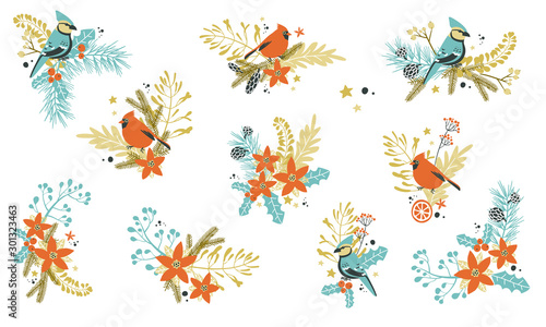 Christmas decorative compositions with traditional plants and birds.