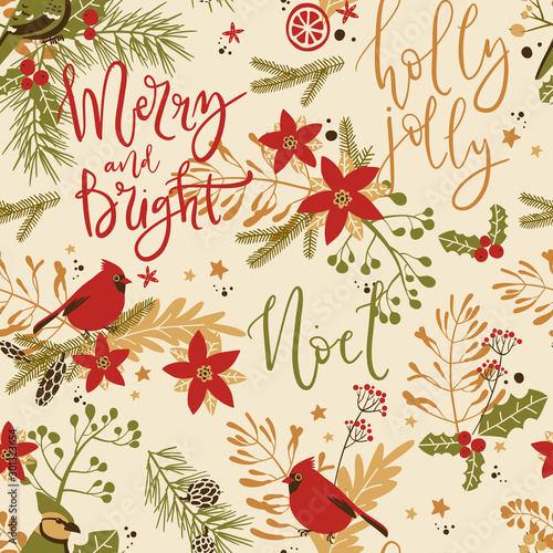 Seamless pattern with Christmas decorative elements - plants, branches, birds. Traditional symbols