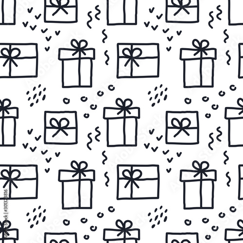 Seamless pattern of doodle Gift boxes with ribbon . Hand drawn Vector linear style for design, graphics.