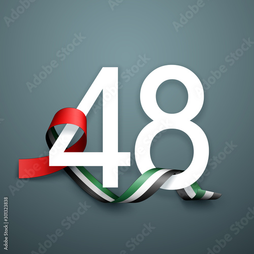 48 National day banner with realistic UAE ribbon flag. holiday illustration card 48 UAE National day Spirit of the union United Arab Emirates, Flat design Logo Anniversary Celebration Abu Dhabi Card