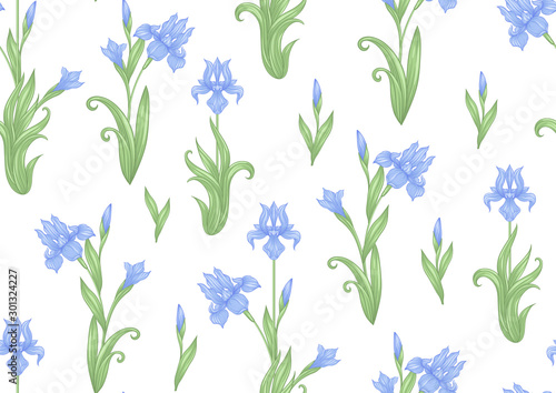 Iris flower, fleur-de-lis. Seamless pattern, background. Colored vector illustration. In art nouveau style, vintage, old, retro style. In blue and green colors. Isolated on white background..