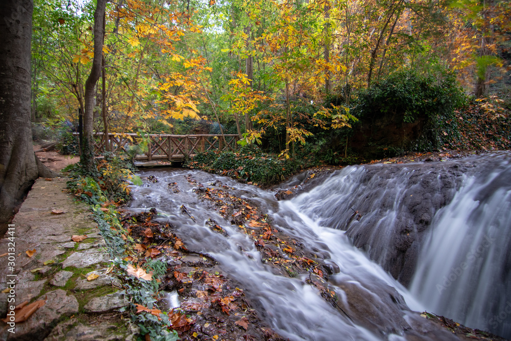 river with waterfall in the autumn season