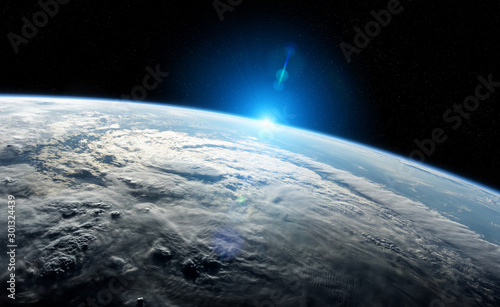 Widok planety Ziemia z bliska z atmosferą podczas wschodu słońca Elementy renderowania 3D tego obrazu dostarczone przez NASA
