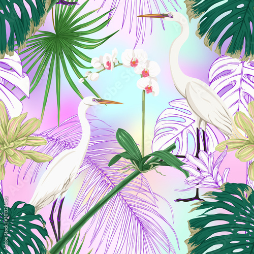 Seamless pattern, background. with tropical plants and flowers with white orchid and tropical birds In light ultra violet pastel mesh background. Colored and outline design. Vector illustration..
