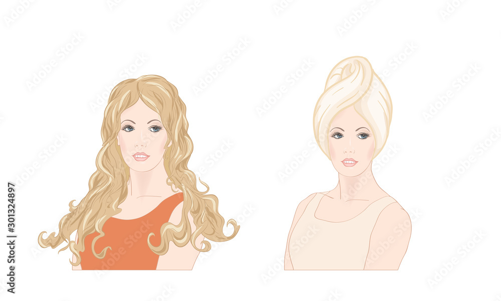 Set of two portraits of beautiful woman 30-39 or 40-49 with a towel on her head with hairstyle and makeup. Before and after. Hand drawn vector line art illustration. Set of two portraits of beautiful woman 30-39 or 40-49 with a towel on her head with hairstyle and makeup. Before and after. Hand drawn vector line art illustration.