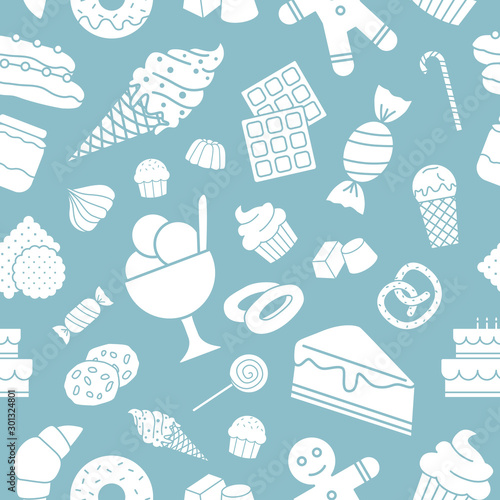 Candy background - Vector seamless pattern solid silhouettes of sweet food for graphic design