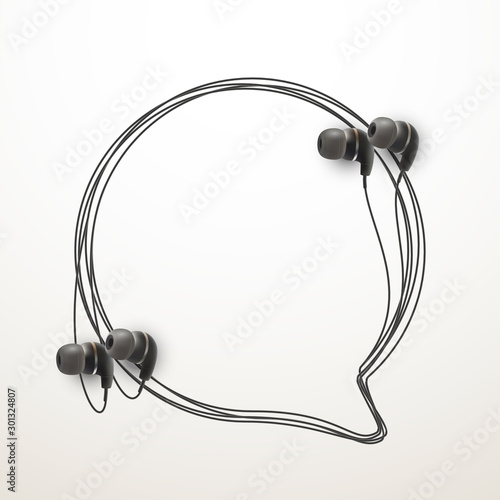 Innovative music quotation template in headphones quotes isolated on backdrop. Creative banner illustration with quote in a frame wire with Black quotes. speech bubble Template modern headset design.