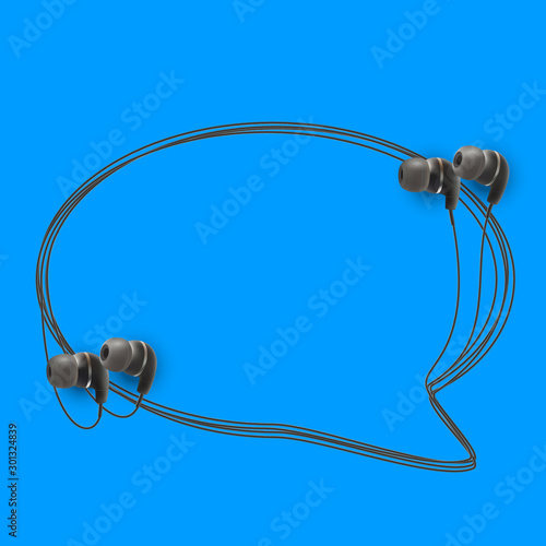 Innovative music quotation template in headphones quotes isolated on backdrop. Creative banner illustration with quote in a frame wire with Black quotes. speech bubble Template modern headset design.