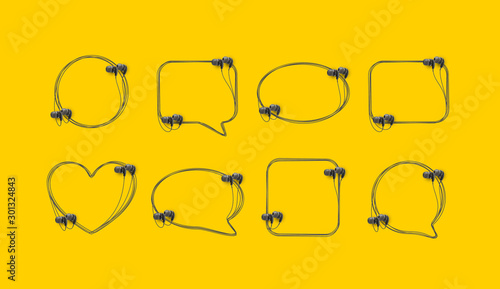Innovative music quotation template speech bubble set in headphones quotes isolated on backdrop. Creative banner illustration set with quote frame wire with quotes headset modern design cloud remark
