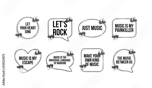 Innovative music quotation template speech bubble set in headphones quotes isolated on backdrop. Creative banner illustration set with quote frame wire with quotes headset modern design cloud remark