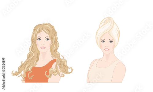 Set of two portraits of beautiful woman 30-39 or 40-49 with a towel on her head with hairstyle and makeup. Before and after. Hand drawn vector line art illustration.