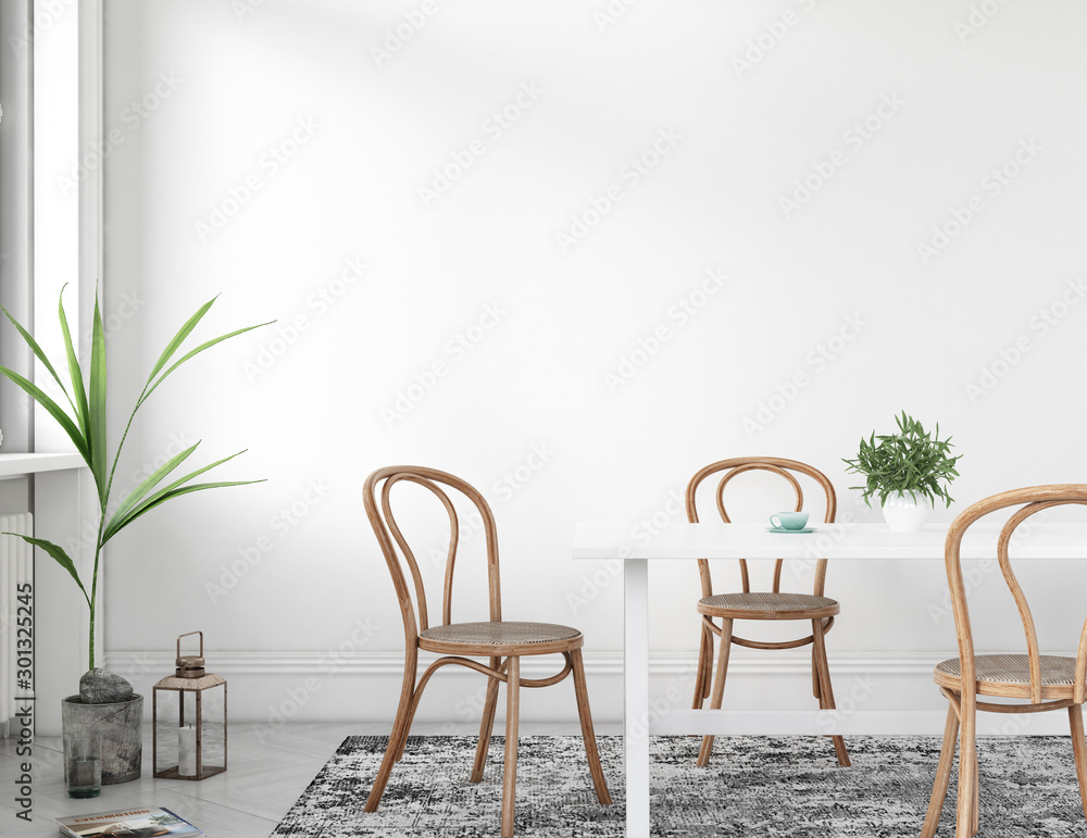 Interior dining room in white background, Scandinavian style with green plants and wooden chairs Interior dining room in white background, Scandinavian style with green plants and wooden chairs