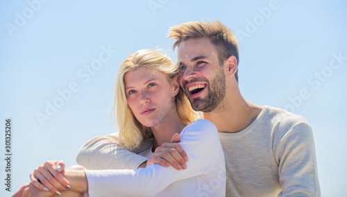 Cheerful couple. interpersonal relationship. understanding and support. romantic relationship. couple in love. married in heaven. man and girl smiling. he make her happy. happy to be together © be free