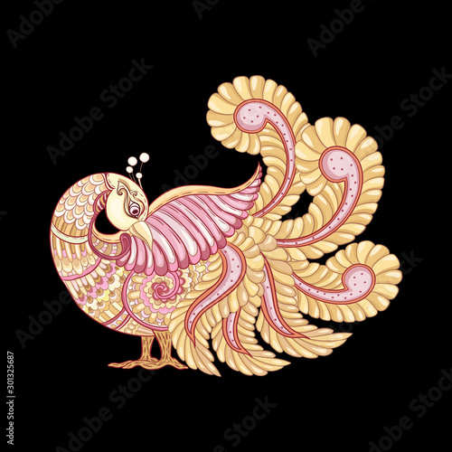 Indian ethnic pattern with stylized florwers and bird. Colored vector illustration. Isolated on white background.