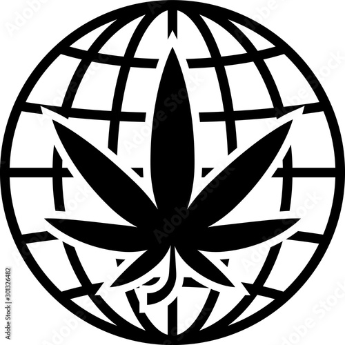 Black Legalize marijuana or cannabis globe symbol icon isolated on white background. Hemp symbol. Vector Illustration