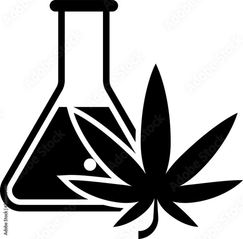Black Chemical test tube with marijuana or cannabis leaf icon isolated on white background. Research concept. Laboratory CBD oil concept. Vector Illustration