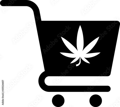 Black Shopping cart with marijuana or cannabis leaf icon isolated on white background. Online buying. Delivery service. Supermarket basket. Vector Illustration