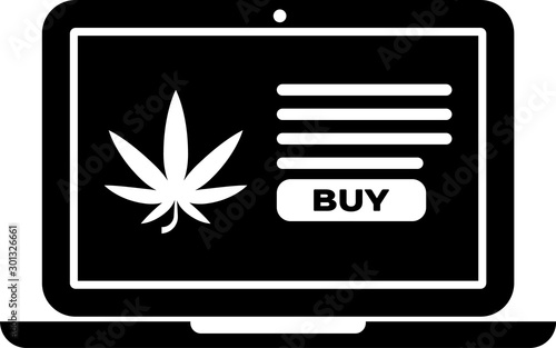 Black Laptop and medical marijuana or cannabis leaf icon isolated on white background. Online buying symbol. Supermarket basket. Vector Illustration