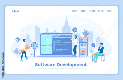 Software Application Development and Programming. Programmers team working with program code on the computer. landing web page design template decorated with people characters.