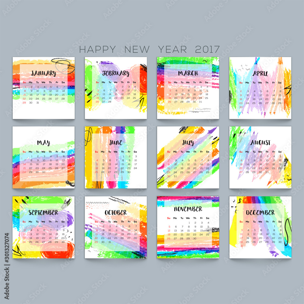 Colorful brush strokes decorated annual calendar design for New Year 2017.