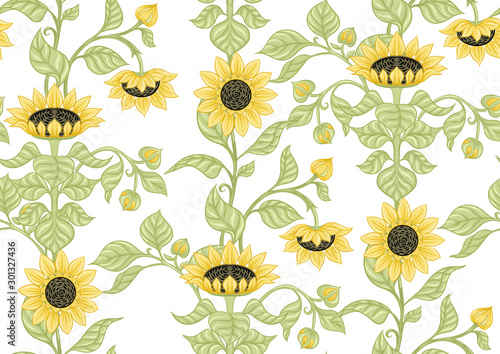 Sunflower Seamless pattern, background. Colored vector illustration In art nouveau style, vintage, old, retro style.