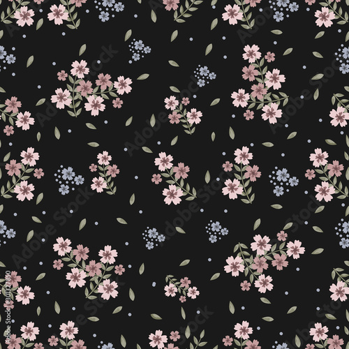 Seamless pattern with delicate flowers in pastel colors on a black background