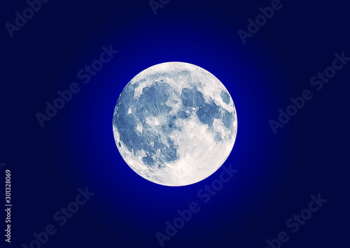 Realistic Nighttime full moon sky. Lunar night. Vector illustration image. Isolated on blue background.
