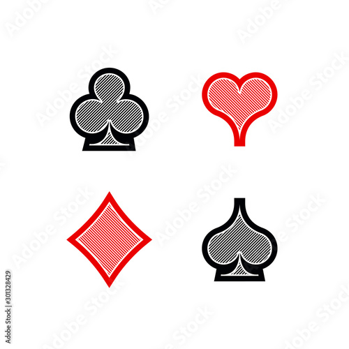 Set diamonds clovers hearts spades Four Playing card suits icons template black and red color editable. High quality outline Playing card suit symbol mobile app pictogram isolated on white background