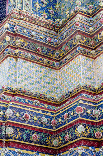 Thai Ornamental Pattern in Traditional Style is Decorated with Colorful Ceramic at Stupa of Wat Pho Monastery at Bangkok  Thailand.