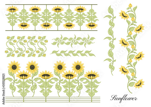 Sunflower. Set of elements for design Colored vector illustration. In art nouveau style, vintage, old, retro style..