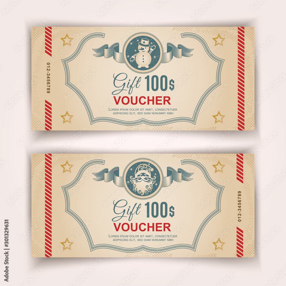Obraz premium Christmas Voucher template with Santa in stamp, Snoqman in stamp . Value 100 dollars for department stores, business
