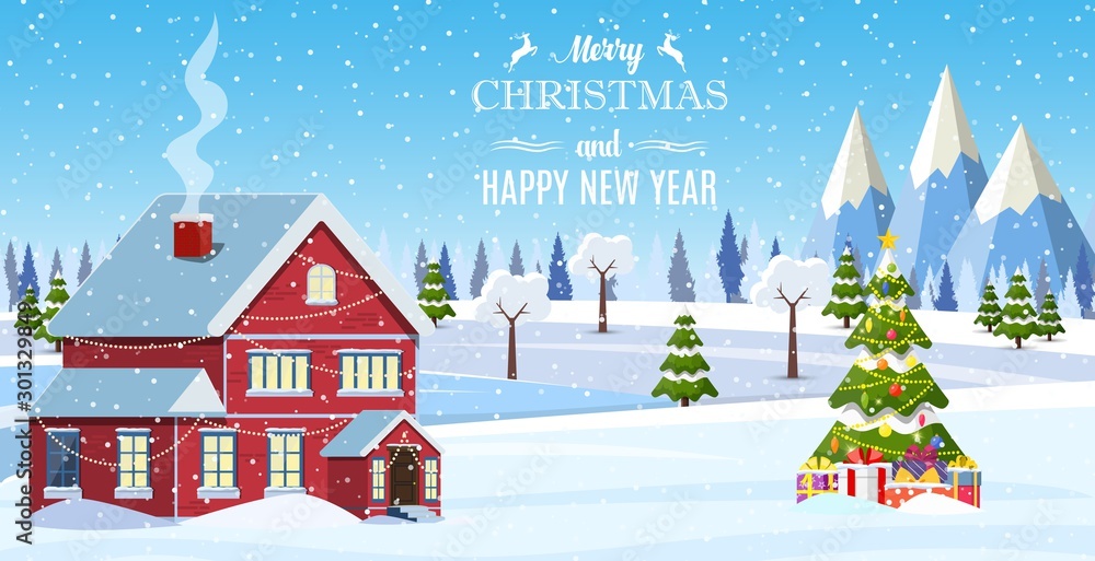 Suburban house covered snow. Building in holiday ornament. Christmas landscape tree spruce, snowman. Happy new year decoration. Merry christmas holiday. New year xmas celebration. Vector illustration