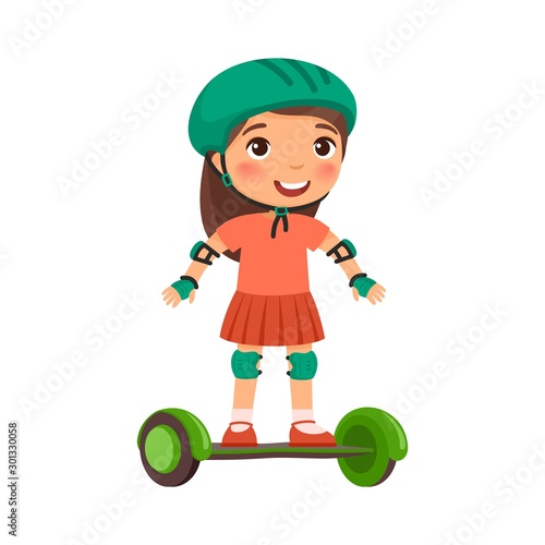 Little sportsman with gyroscooter flat vector illustration. Cute kid riding self balancing board cartoon character. Little girl with modern electric transport. Recreation and leisure concept