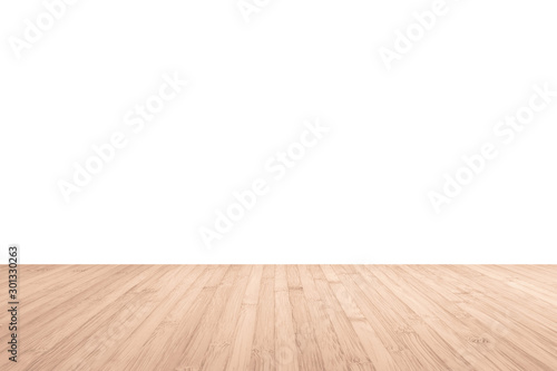 Wood floor with empty white wall background texture