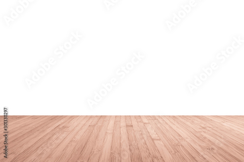 Wood floor in red brown with empty white wall background texture
