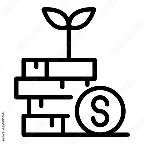 Sprout from a stack of coins icon. Outline sprout from a stack of coins vector icon for web design isolated on white background