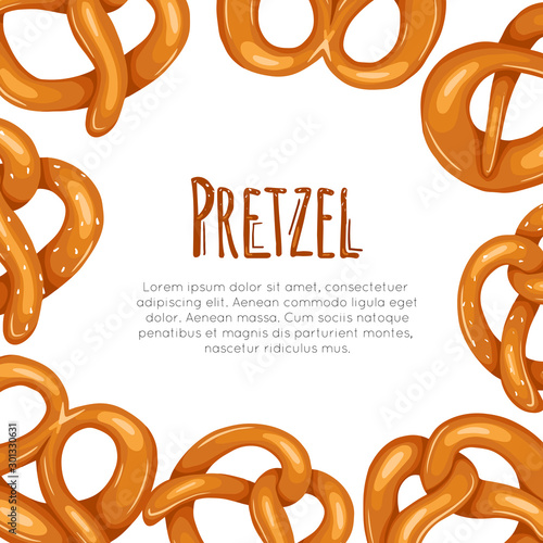 Square card with cartoon pretzels and place for text. Banner with Bavarian baked treats. Vector template for greeting cards, menu, recipes and your design.