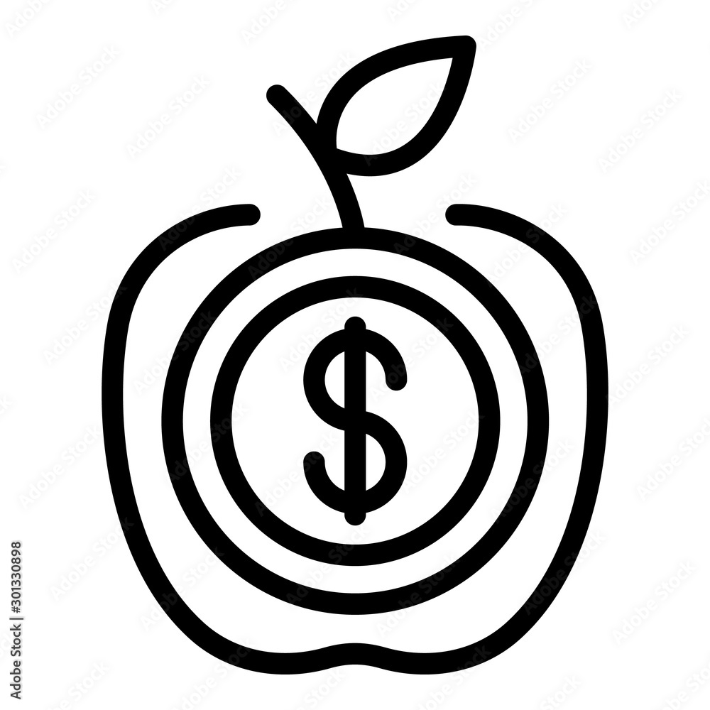 Apple with a coin icon. Outline apple with a coin vector icon for web design isolated on white background Apple with a coin icon. Outline apple with a coin vector icon for web design isolated on white background