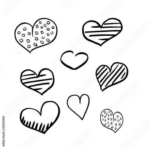 Hearts doodle set. Collection of hand drawn careless hearts. Black isolated on a white background. Vector illustrations.