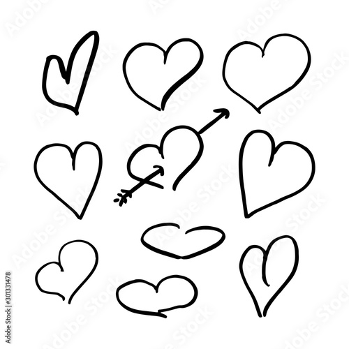 Hearts doodle set. Collection of hand drawn careless hearts. Black isolated on a white background. Vector illustrations.