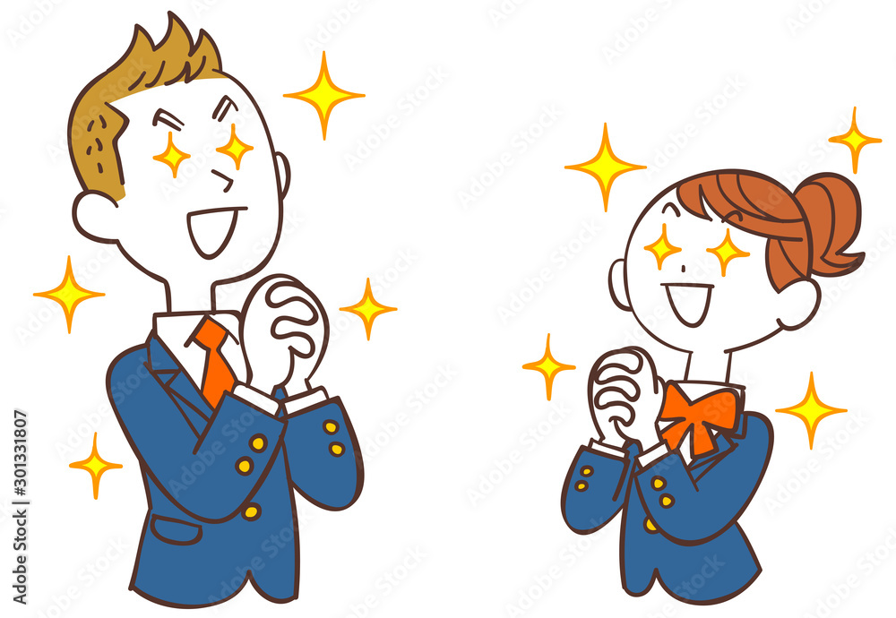 向かい合って祈る男女の学生　紺色のブレザー