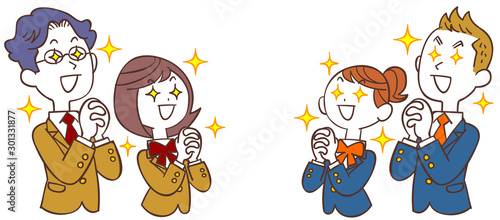向かい合って祈る男女の学生たち