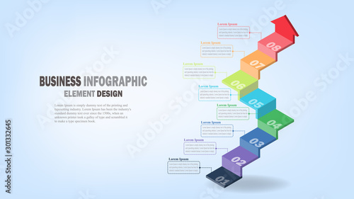Infographics business template 3D stairs with arrow 8 steps for Presentation, Sale forecast, Web design, improvement, Step by Step