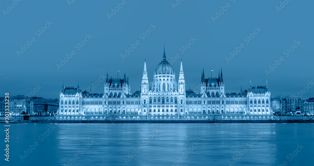 Hungarian parliament in Budapest at twilight blue hour