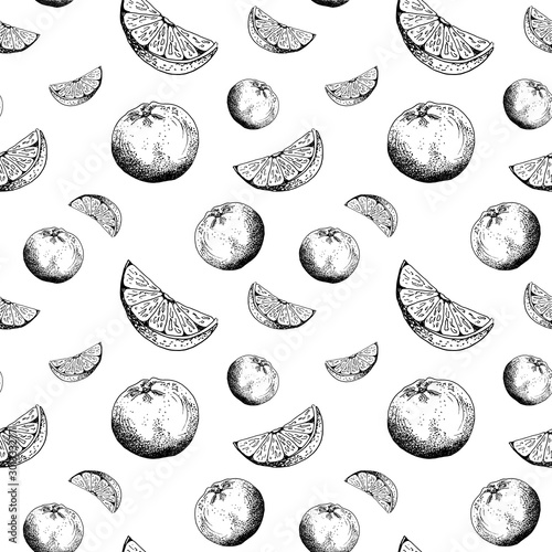 Orange sketch pattern. Hand drawn black orandes and orange slices on white background. Seamless vector backdrop