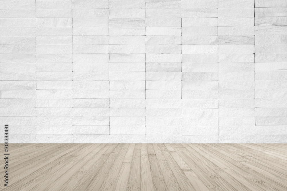 Fototapeta premium White rock tile wall with wooden floor in light brown for interior background..