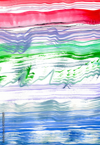 Bright watercolor background with horizontal stripes. Abstract composition with red blue lilac and emerald brush strokes. Multicolored wavy lines on a white background.